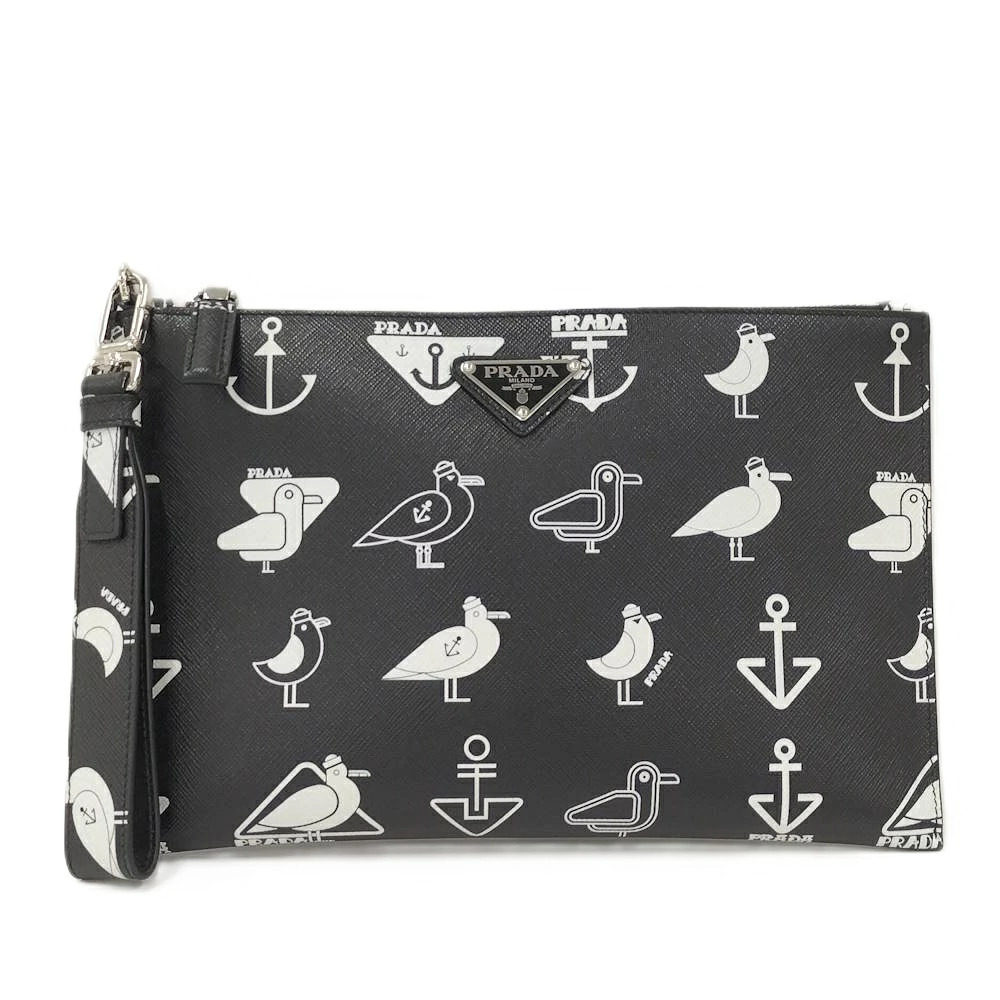 Prada Saffiano Clutch Bag Seagull Black White Leather